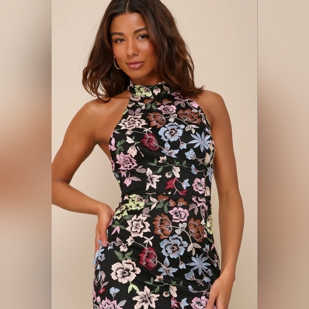 Lulus Infinite Praise Black 3D Floral Embroidered Halter Maxi Dress Wedding - Picture 4 of 8
